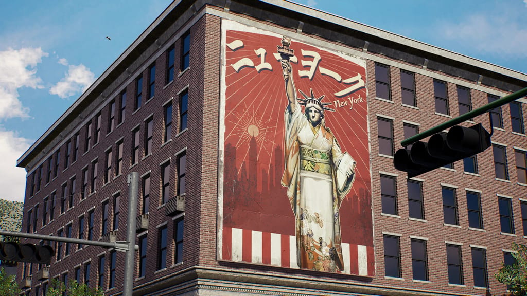 A retro propaganda-style mural of the Statue of Liberty dressed in a floral kimono, with New York written in Japanese above a red sunburst and a brick street corner