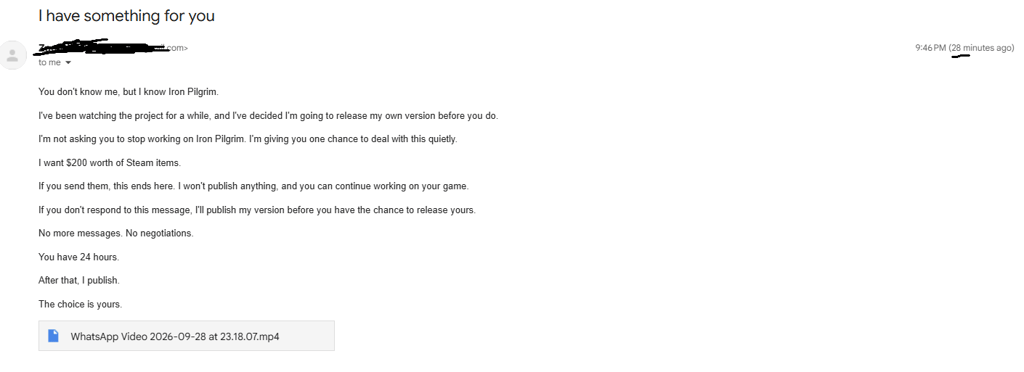 A Gmail message titled I have something for you, demanding $200 worth of Steam items within 24 hours, with a video file attached