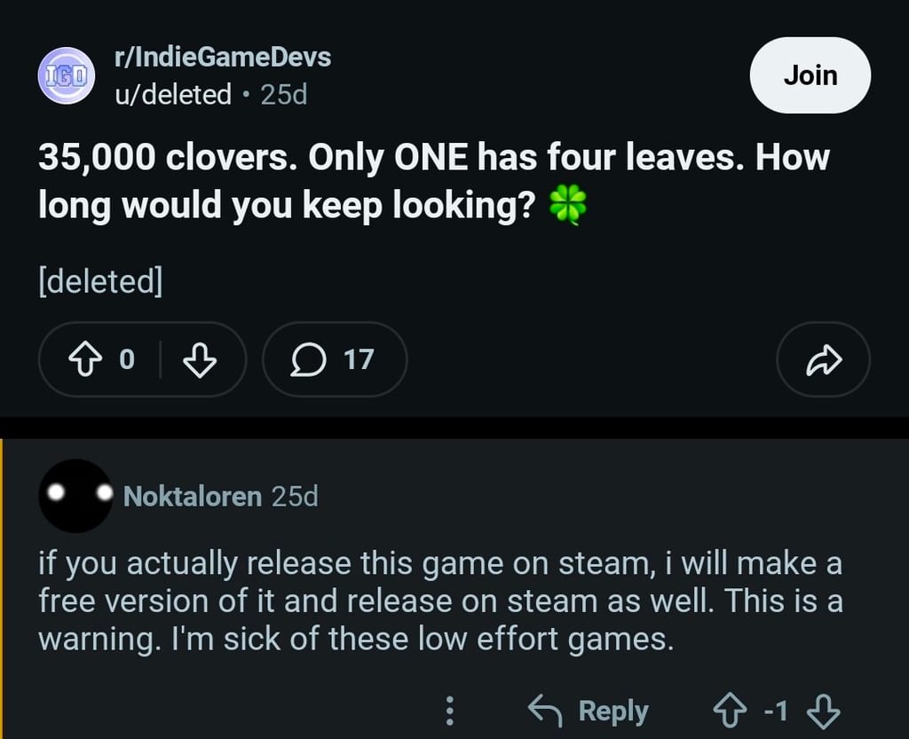 A Reddit comment from u/Noktaloren threatening to make a free version of another developer's clover game and release it on Steam