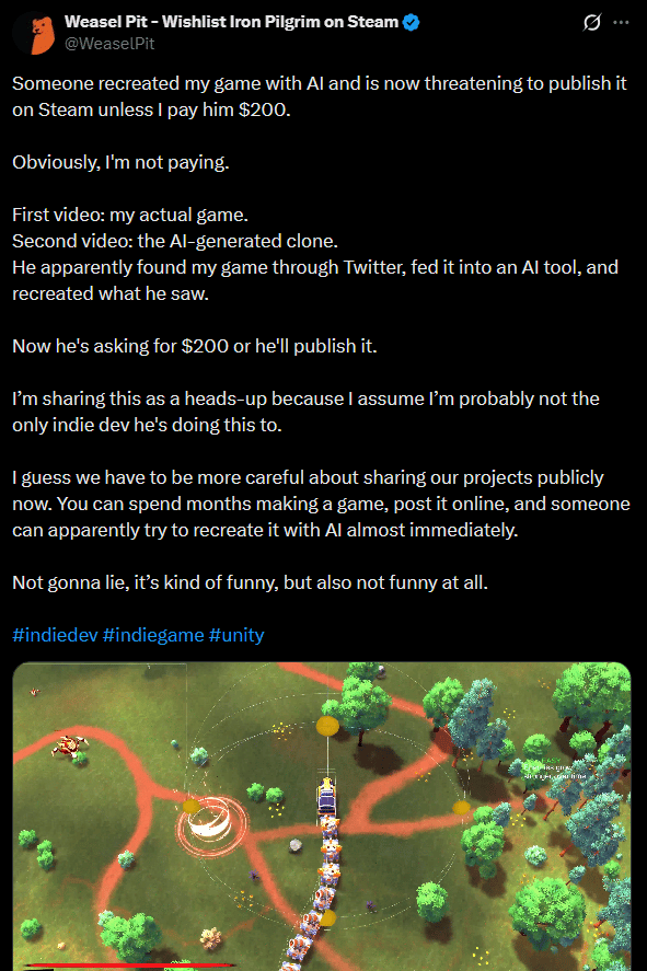 Weasel Pit's post on X saying someone recreated the game with AI and is threatening to publish it on Steam unless paid $200, above a top-down shot of a weaponized train crossing a green field